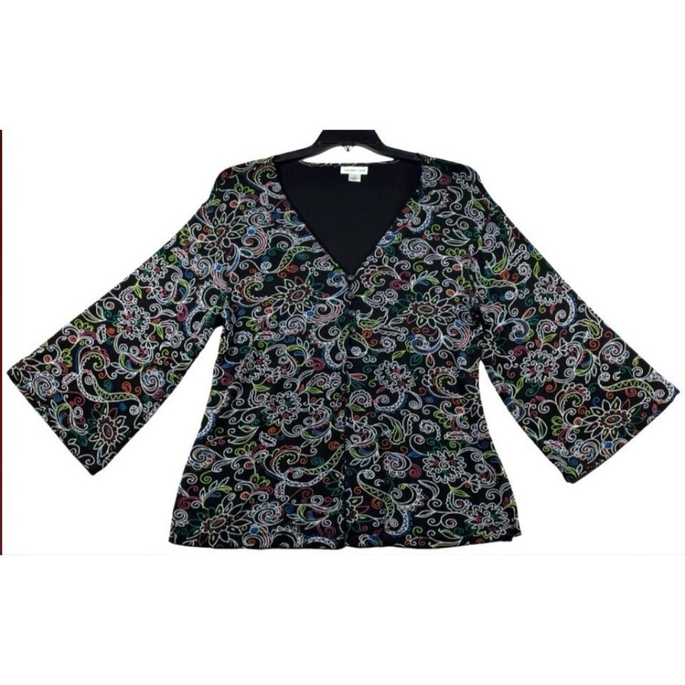 Coldwater Creek Black Colorful Floral Cardigan Liquid Knit Kimono Sleeves Size L